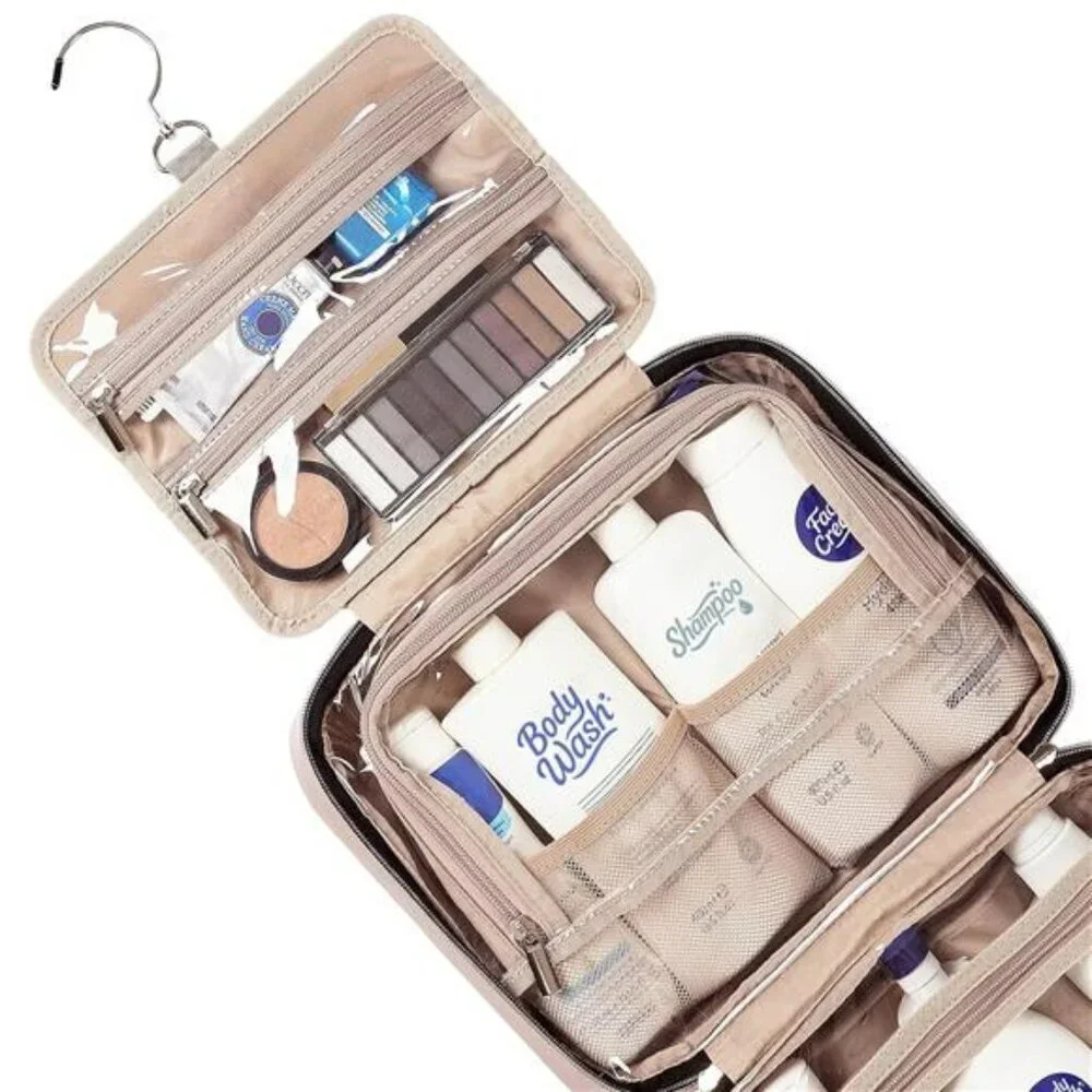 NISHEL Hanging Toiletry Bag Pink Travel Organizer for Full Size Bottles Makeup